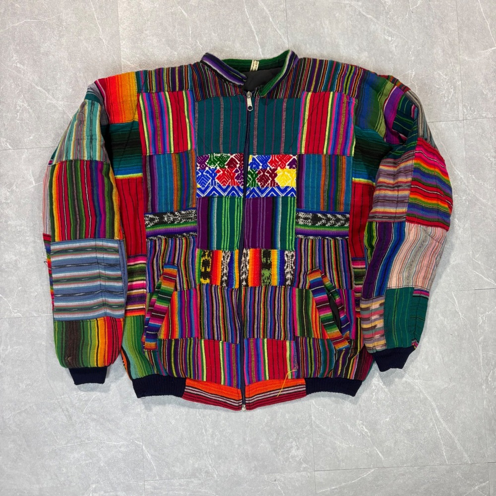 Handmade Patchwork Guatemalan Woven Bomber Jacket Multi Color Boho Zip Up